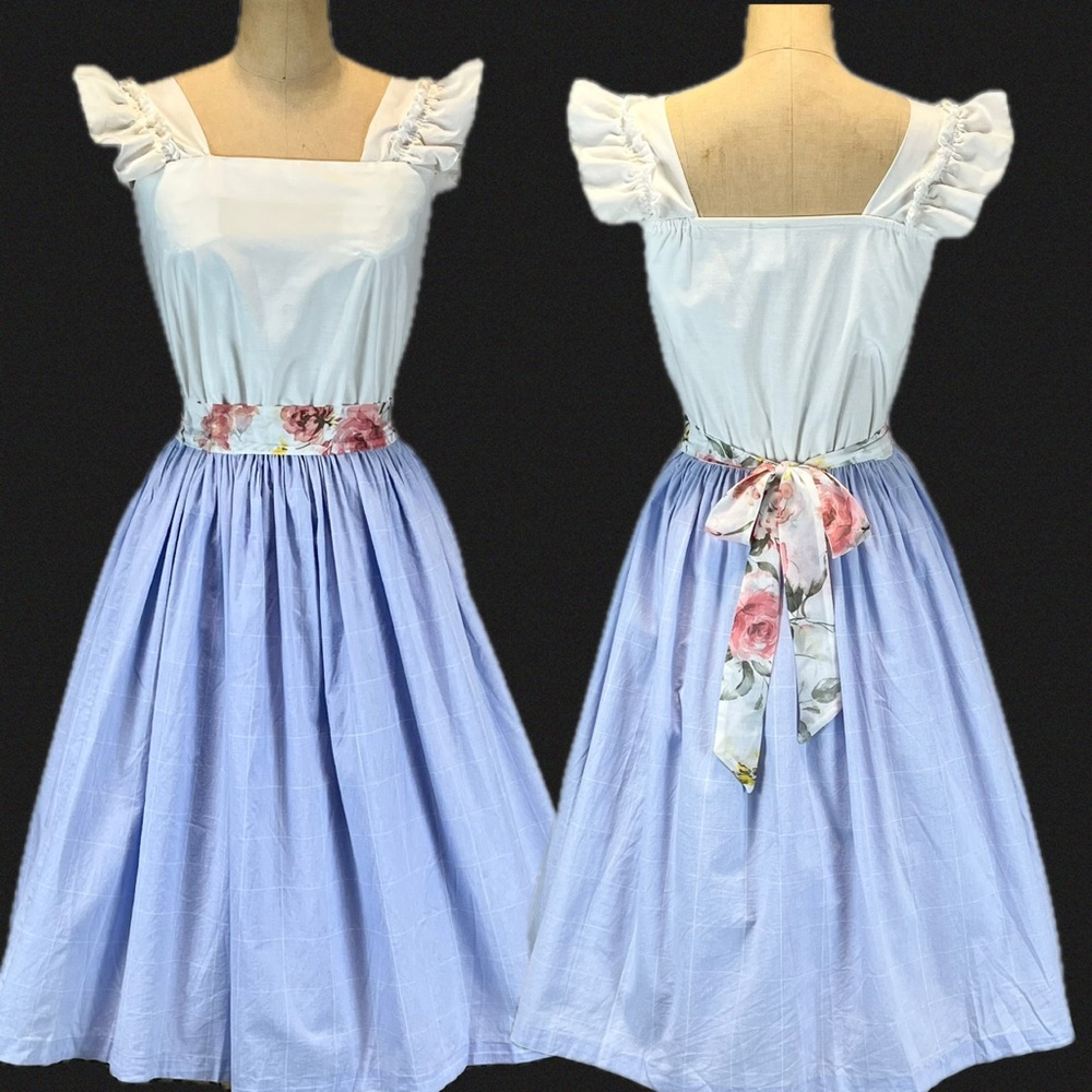 VINTAGE 80s lavender garden party dress‎ eyelet lace ruffle fit flare sleeveless - Picture 9 of 14